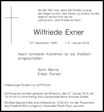 Anzeige von Wilfriede Exner von Kölner Stadt-Anzeiger / Kölnische Rundschau / Express