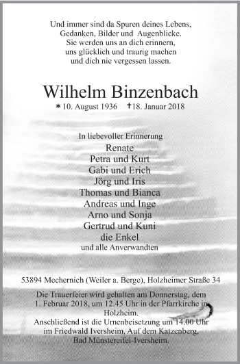 Anzeige von Wilhelm Binzenbach von  Blickpunkt Euskirchen 