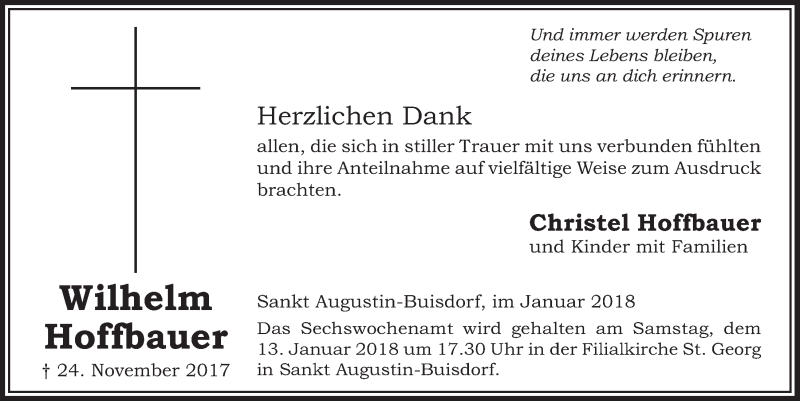  Traueranzeige für Wilhelm Hoffbauer vom 03.01.2018 aus  Extra Blatt 