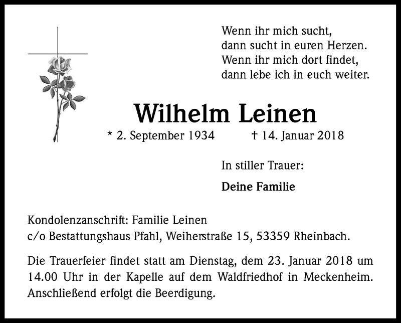  Traueranzeige für Wilhelm Leinen vom 20.01.2018 aus Kölner Stadt-Anzeiger / Kölnische Rundschau / Express