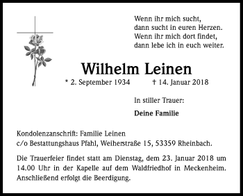 Anzeige von Wilhelm Leinen von Kölner Stadt-Anzeiger / Kölnische Rundschau / Express