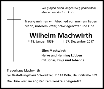 Anzeige von Wilhelm Machwirth von Kölner Stadt-Anzeiger / Kölnische Rundschau / Express