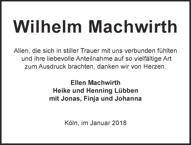  Traueranzeige für Wilhelm Machwirth vom 24.01.2018 aus  Kölner Wochenspiegel 
