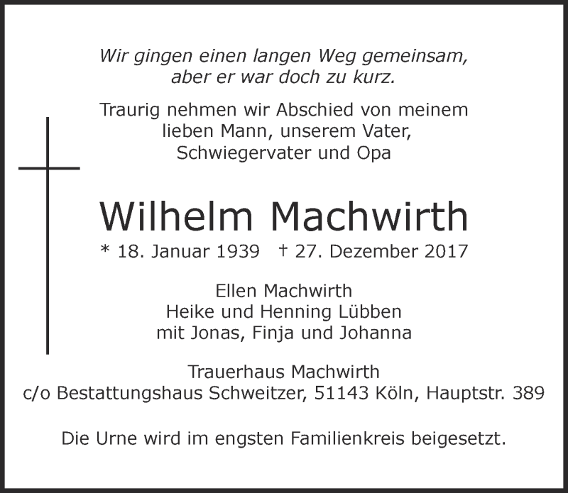  Traueranzeige für Wilhelm Machwirth vom 03.01.2018 aus  Kölner Wochenspiegel 