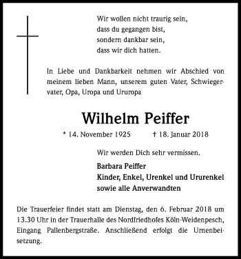 Anzeige von Wilhelm Peiffer von Kölner Stadt-Anzeiger / Kölnische Rundschau / Express