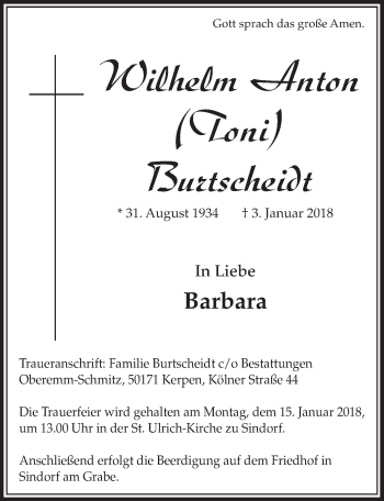 Anzeige von Wilhelm Anton Burtscheidt von  Sonntags-Post 