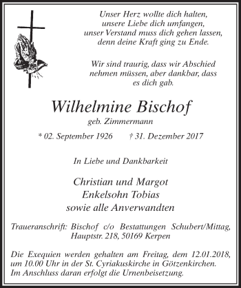 Anzeige von Wilhelmine Bischof von  Sonntags-Post 