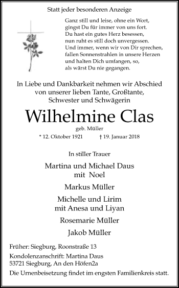 Anzeige von Wilhelmine Clas von Kölner Stadt-Anzeiger / Kölnische Rundschau / Express