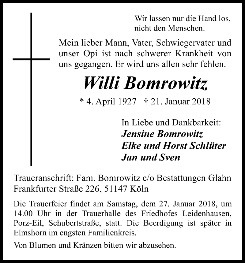  Traueranzeige für Willi Bomrowitz vom 24.01.2018 aus Kölner Stadt-Anzeiger / Kölnische Rundschau / Express