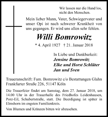 Anzeige von Willi Bomrowitz von Kölner Stadt-Anzeiger / Kölnische Rundschau / Express