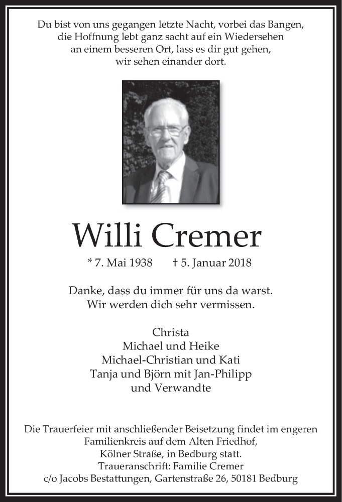  Traueranzeige für Willi Cremer vom 10.01.2018 aus  Werbepost 