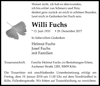 Anzeige von Willi Fuchs von Kölner Stadt-Anzeiger / Kölnische Rundschau / Express