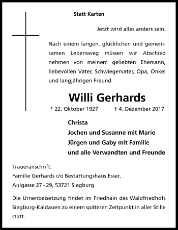 Anzeige von Willi Gerhards von Kölner Stadt-Anzeiger / Kölnische Rundschau / Express