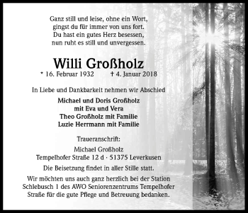 Anzeige von Willi Großholz von Kölner Stadt-Anzeiger / Kölnische Rundschau / Express