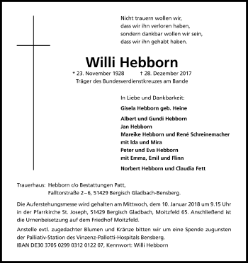 Anzeige von Willi Hebborn von Kölner Stadt-Anzeiger / Kölnische Rundschau / Express