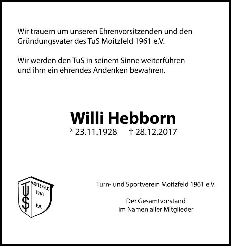  Traueranzeige für Willi Hebborn vom 06.01.2018 aus Kölner Stadt-Anzeiger / Kölnische Rundschau / Express