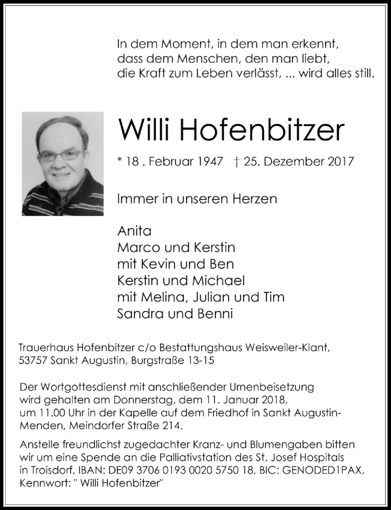  Traueranzeige für Willi Hofenbitzer vom 06.01.2018 aus  Rhein-Sieg-Wochenende 