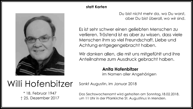  Traueranzeige für Willi Hofenbitzer vom 27.01.2018 aus Kölner Stadt-Anzeiger / Kölnische Rundschau / Express
