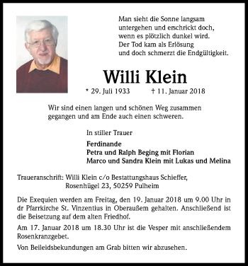 Anzeige von Willi Klein von Kölner Stadt-Anzeiger / Kölnische Rundschau / Express