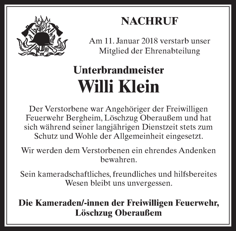  Traueranzeige für Willi Klein vom 24.01.2018 aus  Werbepost 