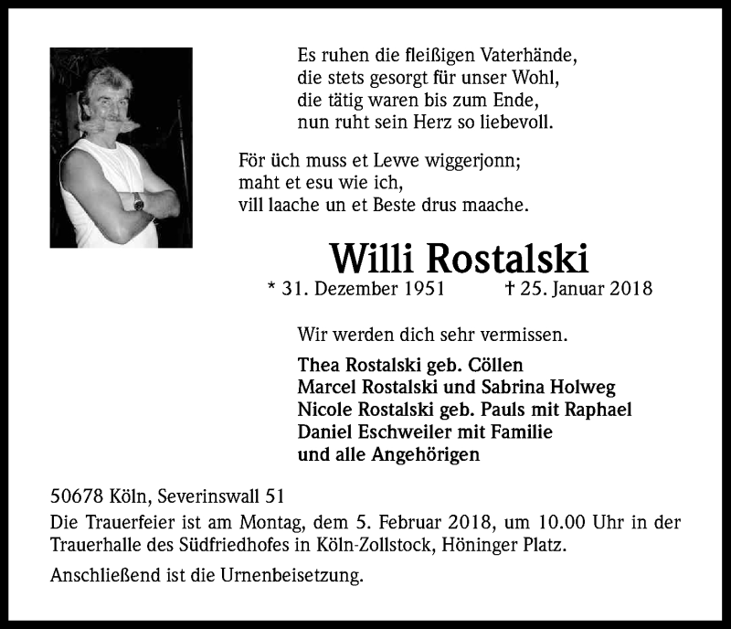  Traueranzeige für Willi Rostalski vom 31.01.2018 aus Kölner Stadt-Anzeiger / Kölnische Rundschau / Express