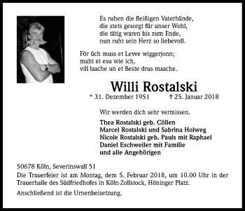 Anzeige von Willi Rostalski von Kölner Stadt-Anzeiger / Kölnische Rundschau / Express