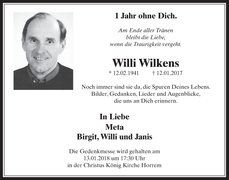  Traueranzeige für Willi Wilkens vom 10.01.2018 aus  Werbepost 