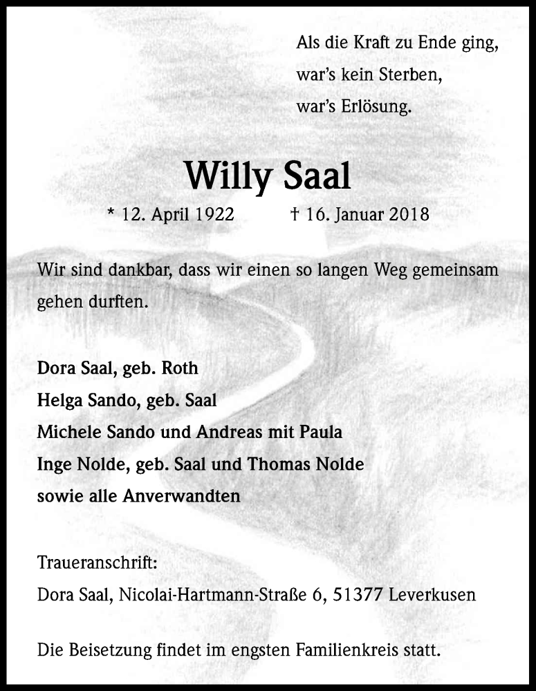  Traueranzeige für Willy Saal vom 27.01.2018 aus Kölner Stadt-Anzeiger / Kölnische Rundschau / Express