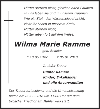 Anzeige von Wilma Marie Ramme von  Kölner Wochenspiegel 