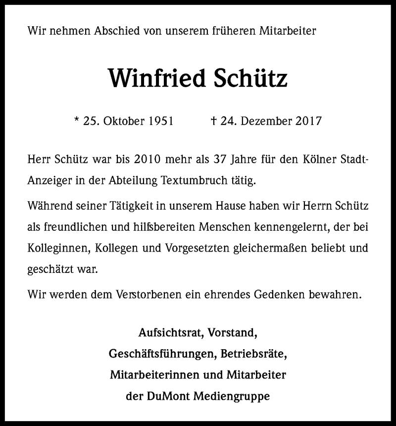  Traueranzeige für Winfried Schütz vom 06.01.2018 aus Kölner Stadt-Anzeiger / Kölnische Rundschau / Express