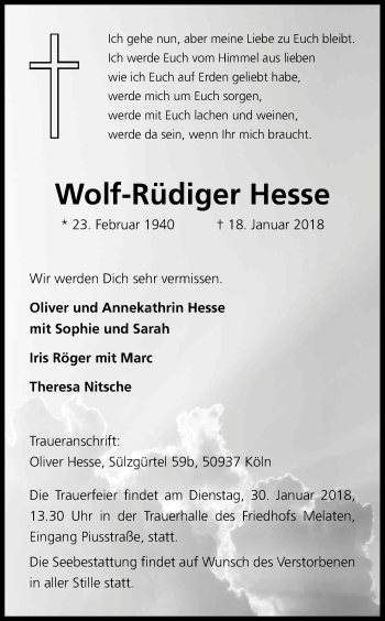 Anzeige von Wolf-Rüdiger Hesse von Kölner Stadt-Anzeiger / Kölnische Rundschau / Express