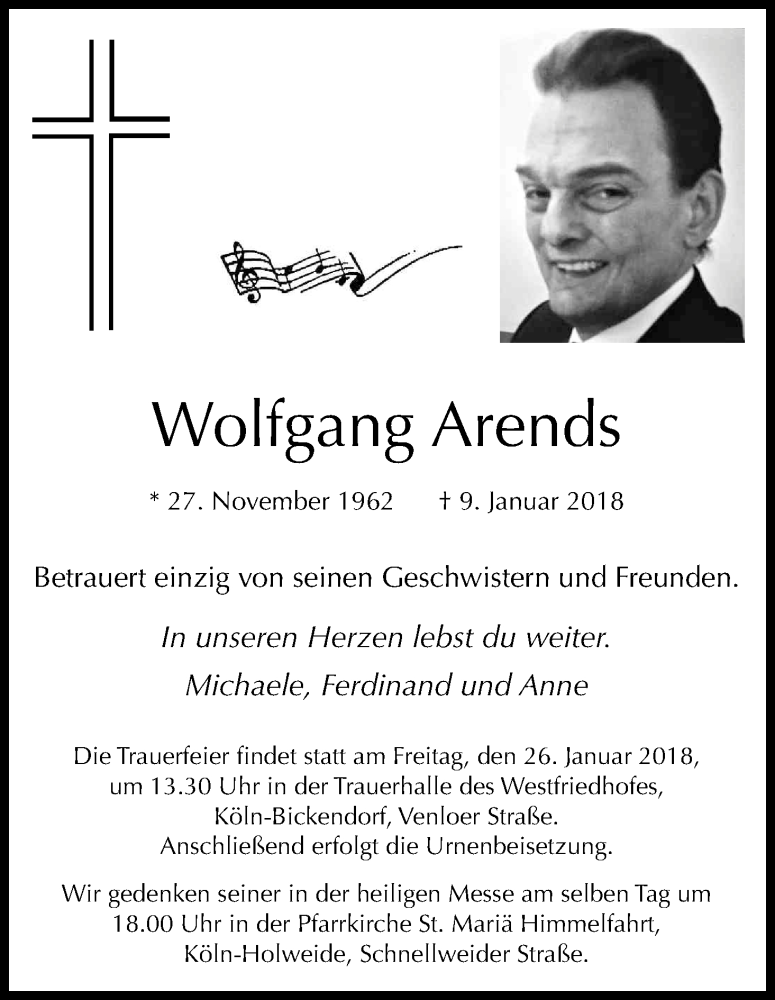  Traueranzeige für Wolfgang Arends vom 20.01.2018 aus Kölner Stadt-Anzeiger / Kölnische Rundschau / Express