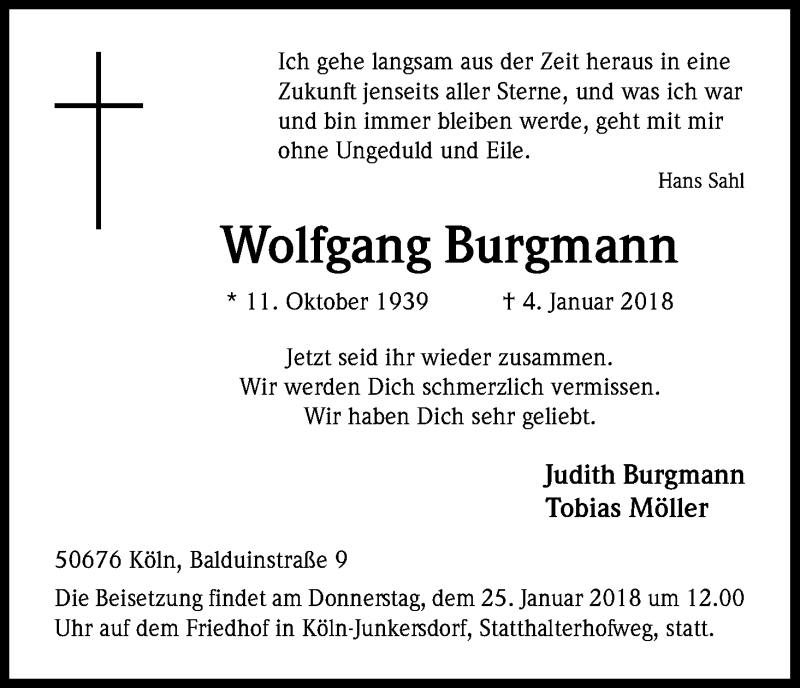  Traueranzeige für Wolfgang Burgmann vom 20.01.2018 aus Kölner Stadt-Anzeiger / Kölnische Rundschau / Express
