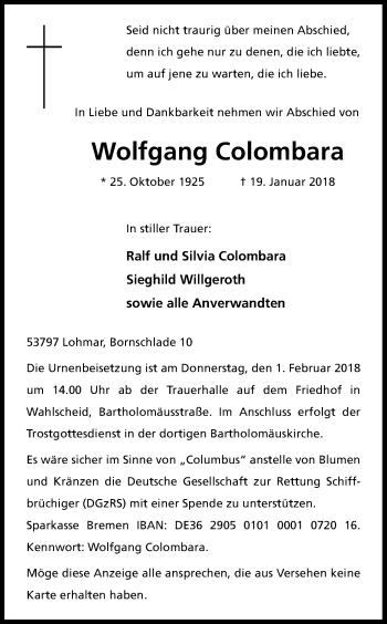 Anzeige von Wolfgang Colombara von Kölner Stadt-Anzeiger / Kölnische Rundschau / Express