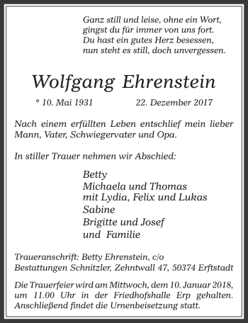 Anzeige von Wolfgang Ehrenstein von  Werbepost 