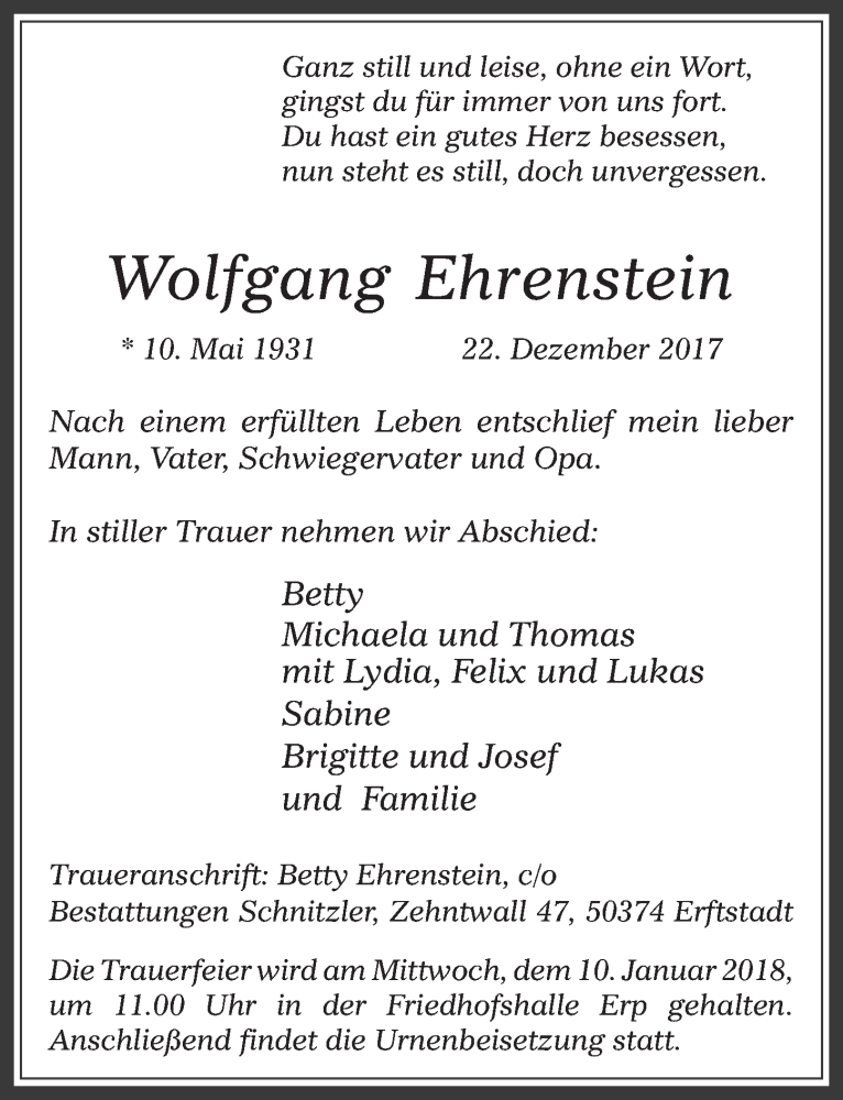  Traueranzeige für Wolfgang Ehrenstein vom 03.01.2018 aus  Werbepost 