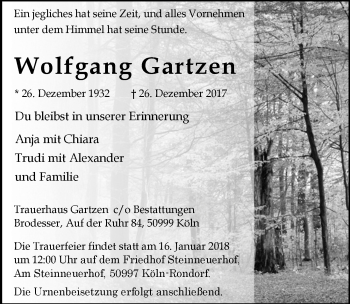 Anzeige von Wolfgang Gartzen von  Kölner Wochenspiegel 