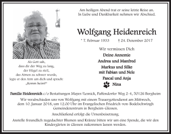 Anzeige von Wolfgang Heidenreich von  Sonntags-Post 