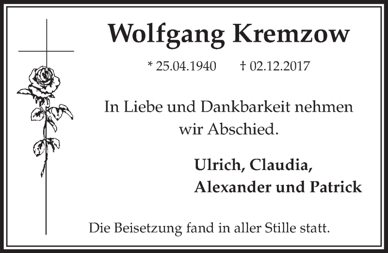  Traueranzeige für Wolfgang Kremzow vom 10.01.2018 aus  Schlossbote/Werbekurier 