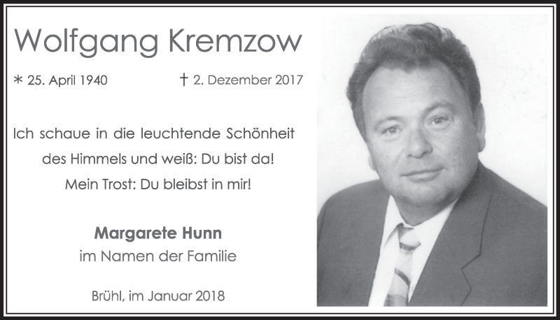  Traueranzeige für Wolfgang Kremzow vom 03.01.2018 aus  Schlossbote/Werbekurier 