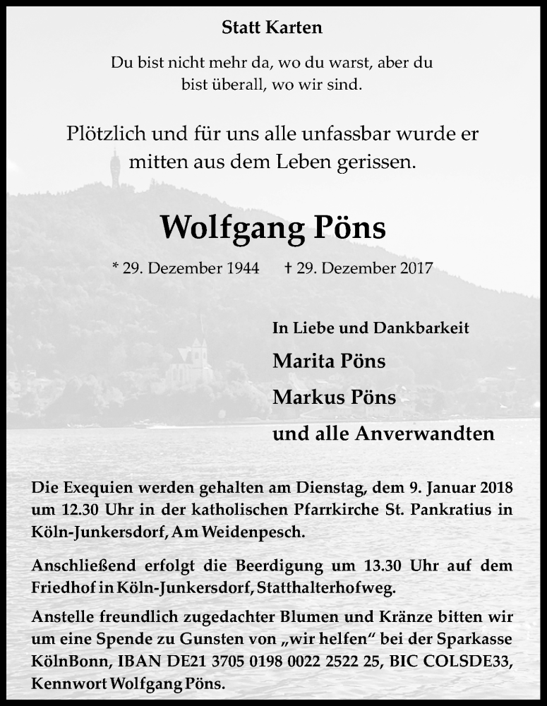  Traueranzeige für Wolfgang Pöns vom 06.01.2018 aus Kölner Stadt-Anzeiger / Kölnische Rundschau / Express