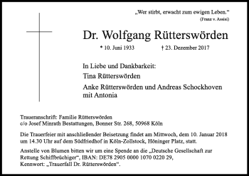 Anzeige von Wolfgang Rütterswörden von Kölner Stadt-Anzeiger / Kölnische Rundschau / Express