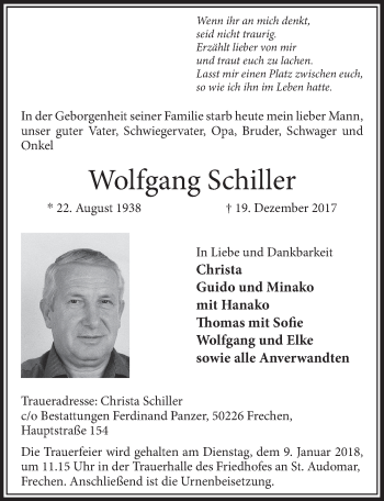 Anzeige von Wolfgang Schiller von  Wochenende 