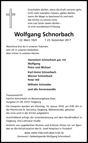 Anzeige von Wolfgang Schnorbach von Kölner Stadt-Anzeiger / Kölnische Rundschau / Express