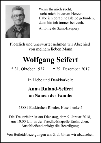 Anzeige von Wolfgang Seifert von  Blickpunkt Euskirchen 
