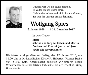 Anzeige von Wolfgang Spies von Kölner Stadt-Anzeiger / Kölnische Rundschau / Express
