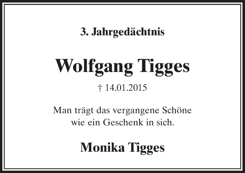  Traueranzeige für Wolfgang Tigges vom 13.01.2018 aus  Sonntags-Post 