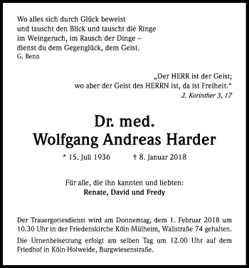 Anzeige von Wolfgang Andreas  Harder von Kölner Stadt-Anzeiger / Kölnische Rundschau / Express