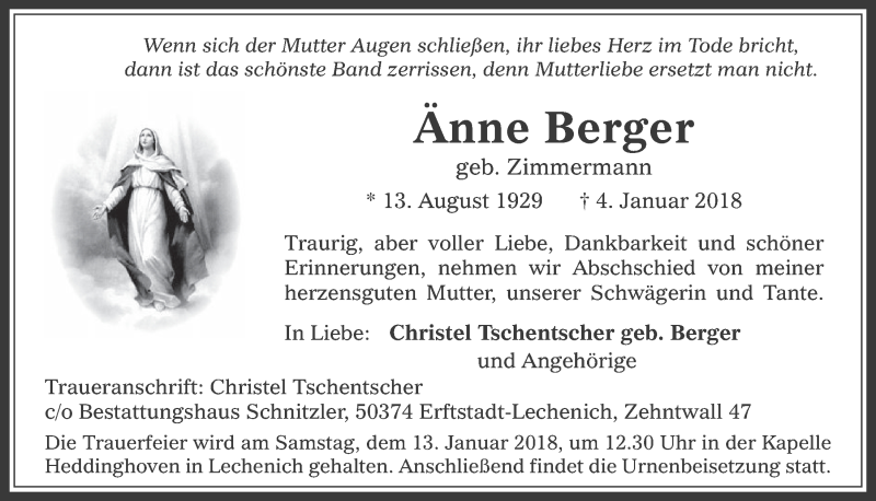  Traueranzeige für Änne Berger vom 10.01.2018 aus  Werbepost 