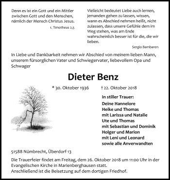 Anzeige von Dieter Benz von Kölner Stadt-Anzeiger / Kölnische Rundschau / Express